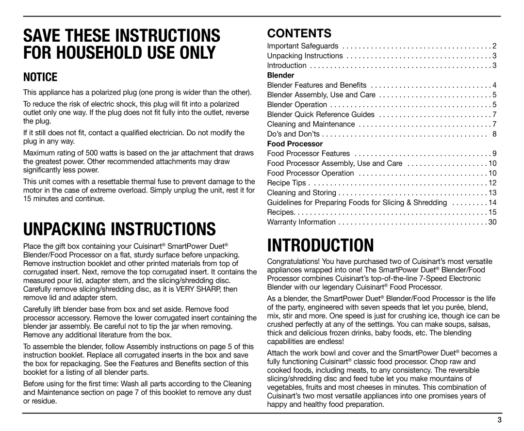 Cuisinart SMT0025IB-1-1, IB-9570, BFP-703 manual Introduction, Contents 