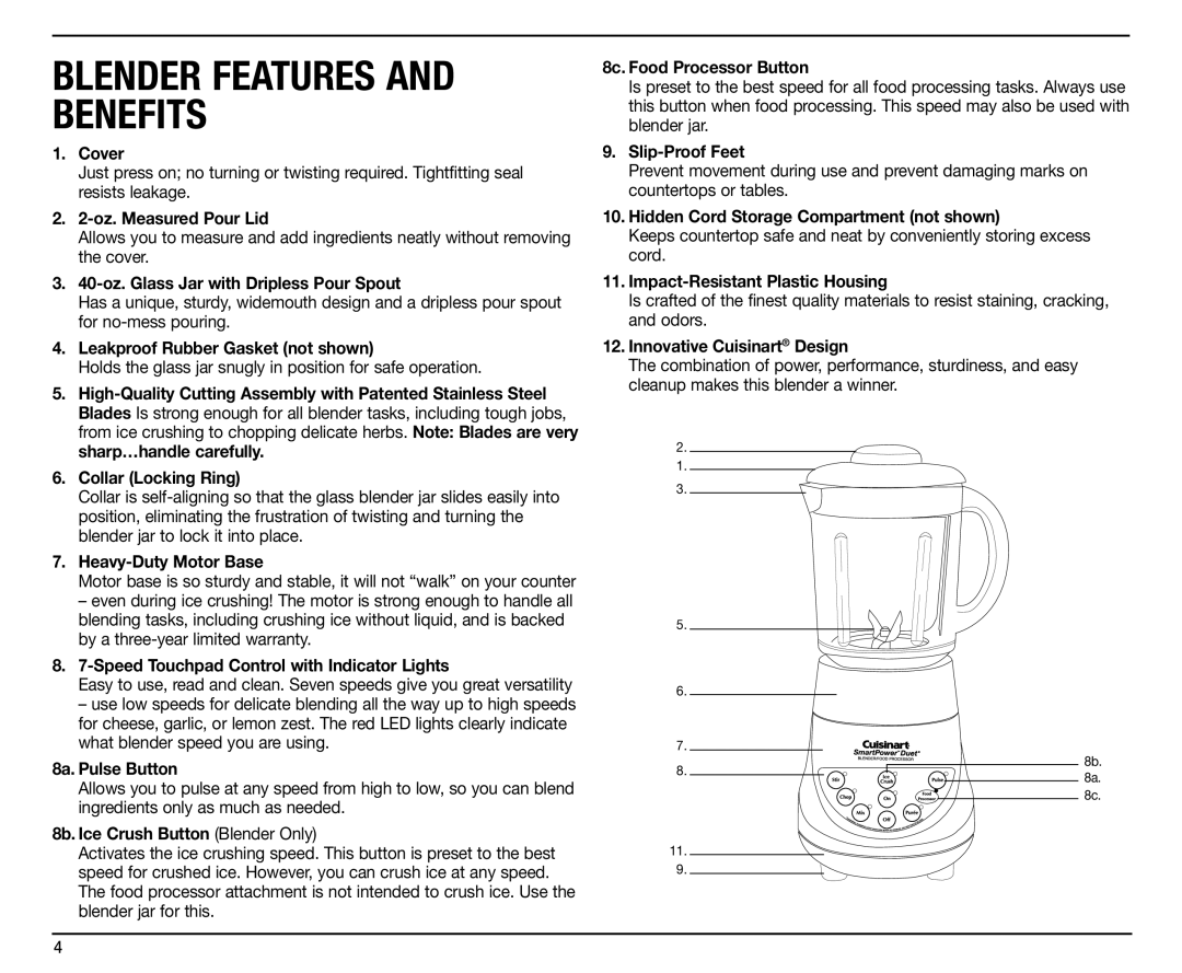 Cuisinart IB-9570, BFP-703 Cover, Oz. Measured Pour Lid, 40-oz. Glass Jar with Dripless Pour Spout, Heavy-Duty Motor Base 