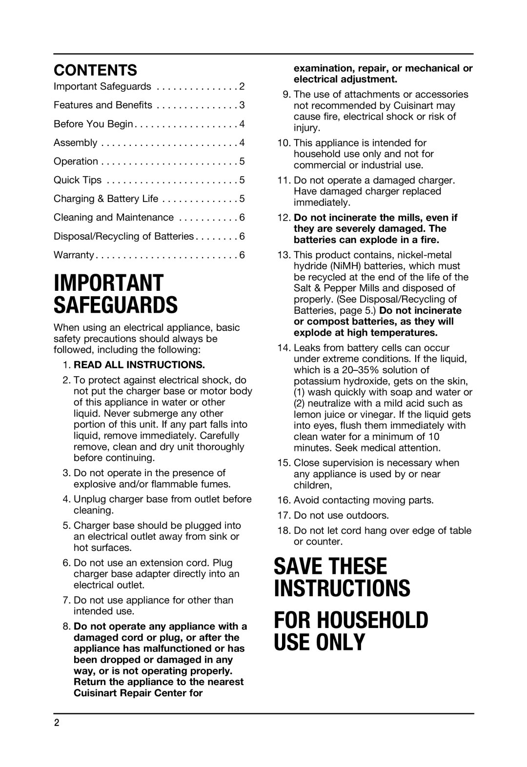 Cuisinart SP-2 manual Safeguards, Contents 