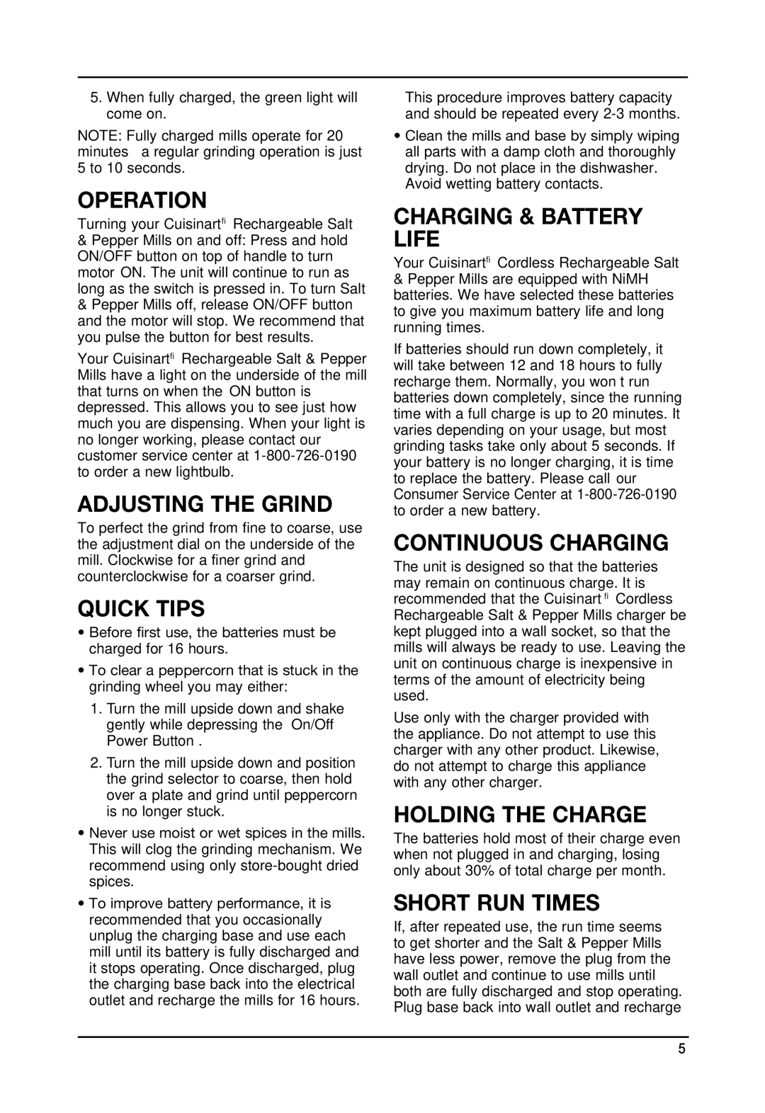 Cuisinart SP-2 manual Operation, Adjusting the Grind, Charging & Battery Life 