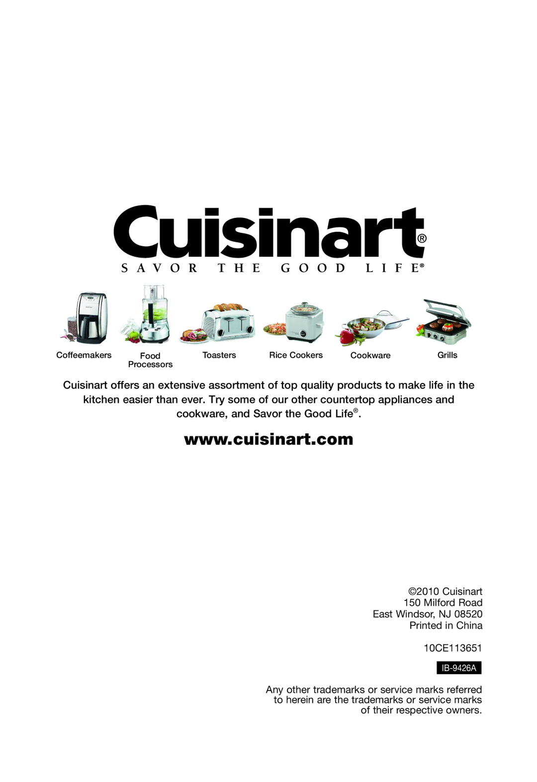 Cuisinart SP-2 manual Cuisinart Milford Road East Windsor, NJ 10CE113651 