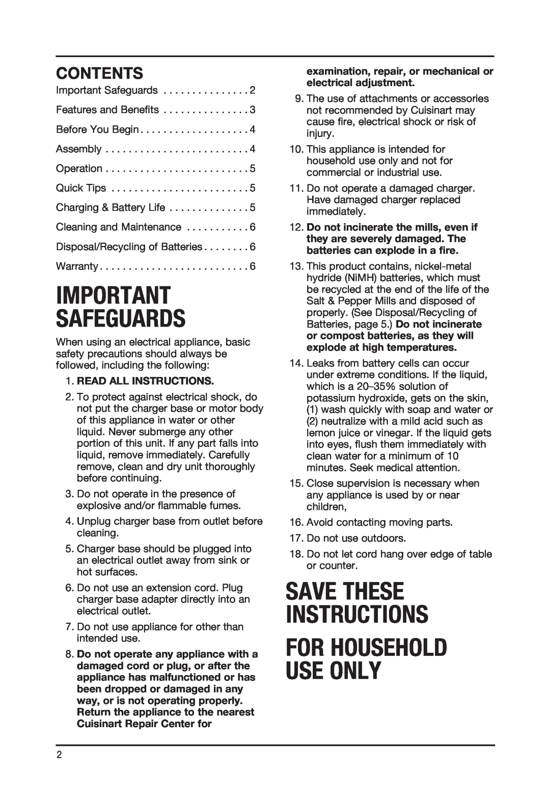 Cuisinart SP-2 Contents, Safeguards, Save These Instructions For Household Use Only, examination, repair, or mechanical or 