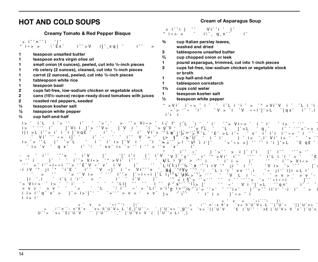 Cuisinart 0511000, SPB-6 Series manual HOT and Cold Soups, Creamy Tomato & Red Pepper Bisque, Cream of Asparagus Soup 