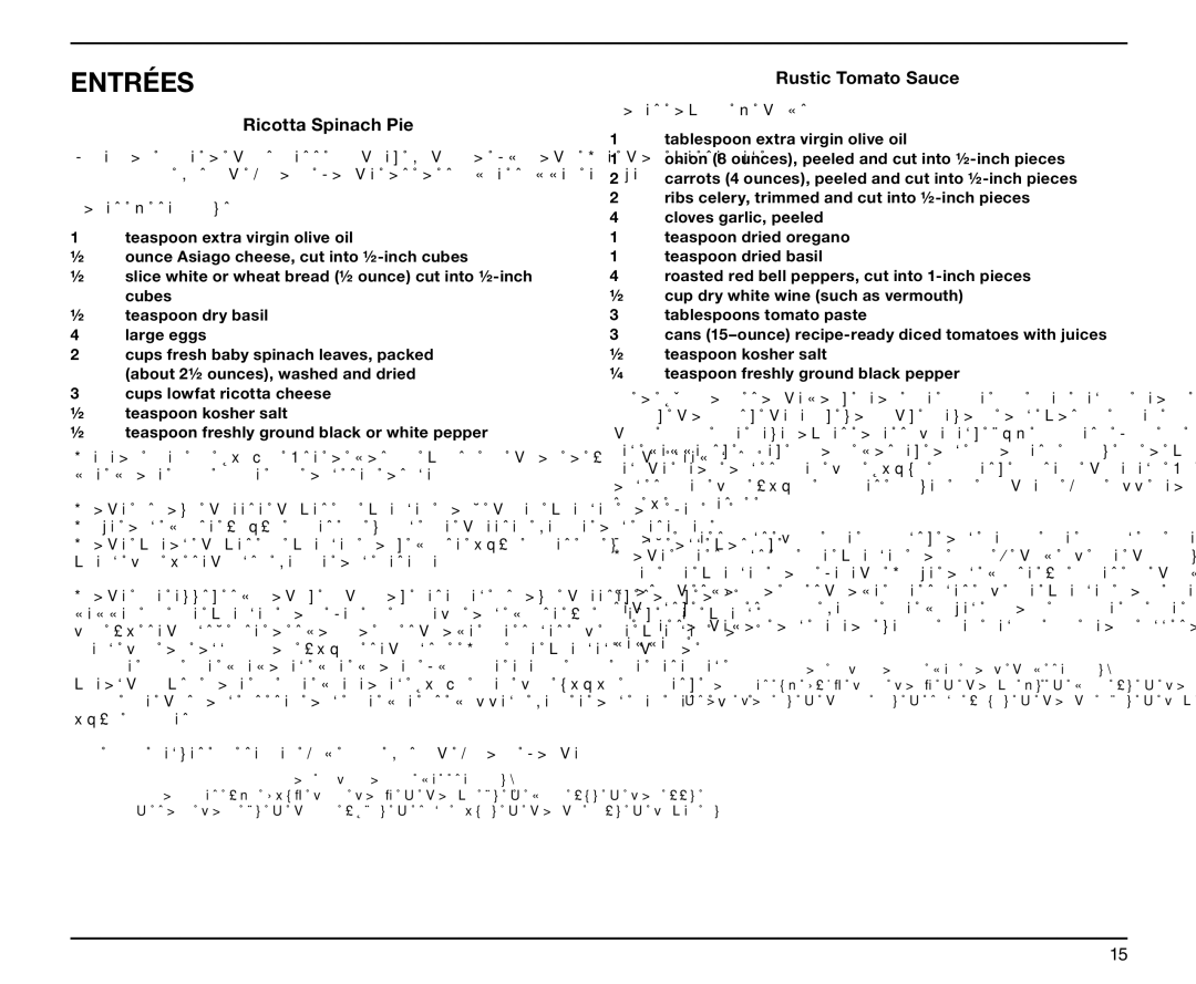 Cuisinart SPB-6 Series, IB-5916ATX, 05CU26037, 0511000 manual Entrées, Ricotta Spinach Pie, Rustic Tomato Sauce 
