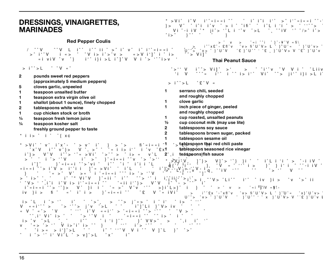 Cuisinart SPB-6 Series, IB-5916ATX, 05CU26037 manual DRESSINGS, Vinaigrettes Marinades, Red Pepper Coulis, Thai Peanut Sauce 