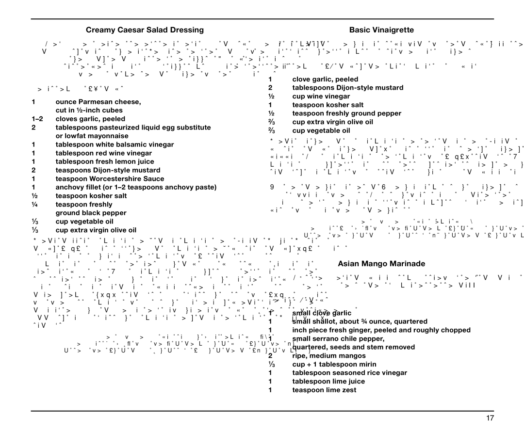 Cuisinart IB-5916ATX, SPB-6 Series, 05CU26037 manual Creamy Caesar Salad Dressing, Basic Vinaigrette, Asian Mango Marinade 