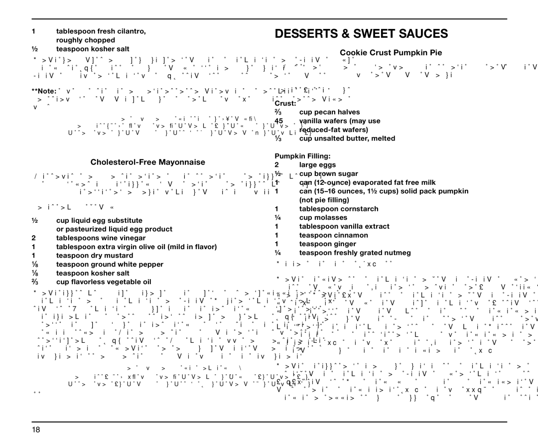 Cuisinart 05CU26037, SPB-6 Series manual Desserts & Sweet Sauces, Cholesterol-Free Mayonnaise, Cookie Crust Pumpkin Pie 