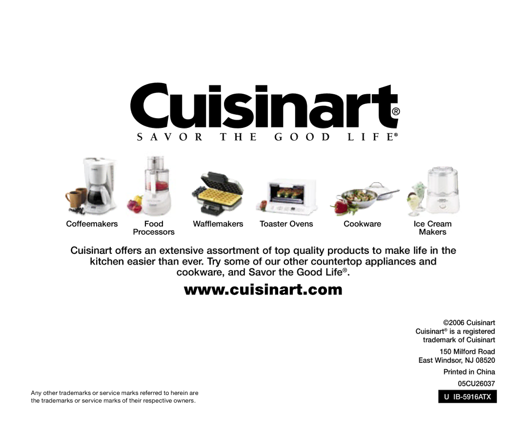 Cuisinart SPB-6 Series, IB-5916ATX, 05CU26037, 0511000 manual 