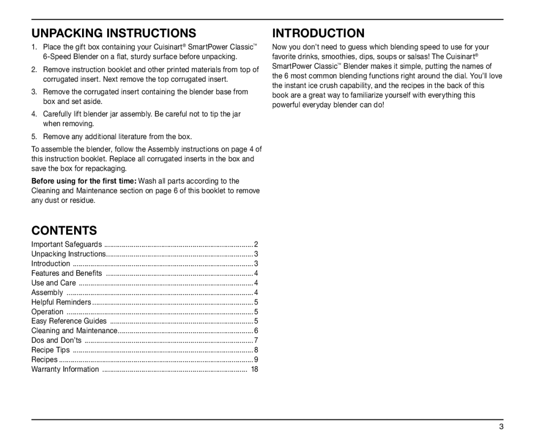 Cuisinart 05CU26037, SPB-6 Series, IB-5916ATX, 0511000 manual Unpacking Instructions, Contents, Introduction 