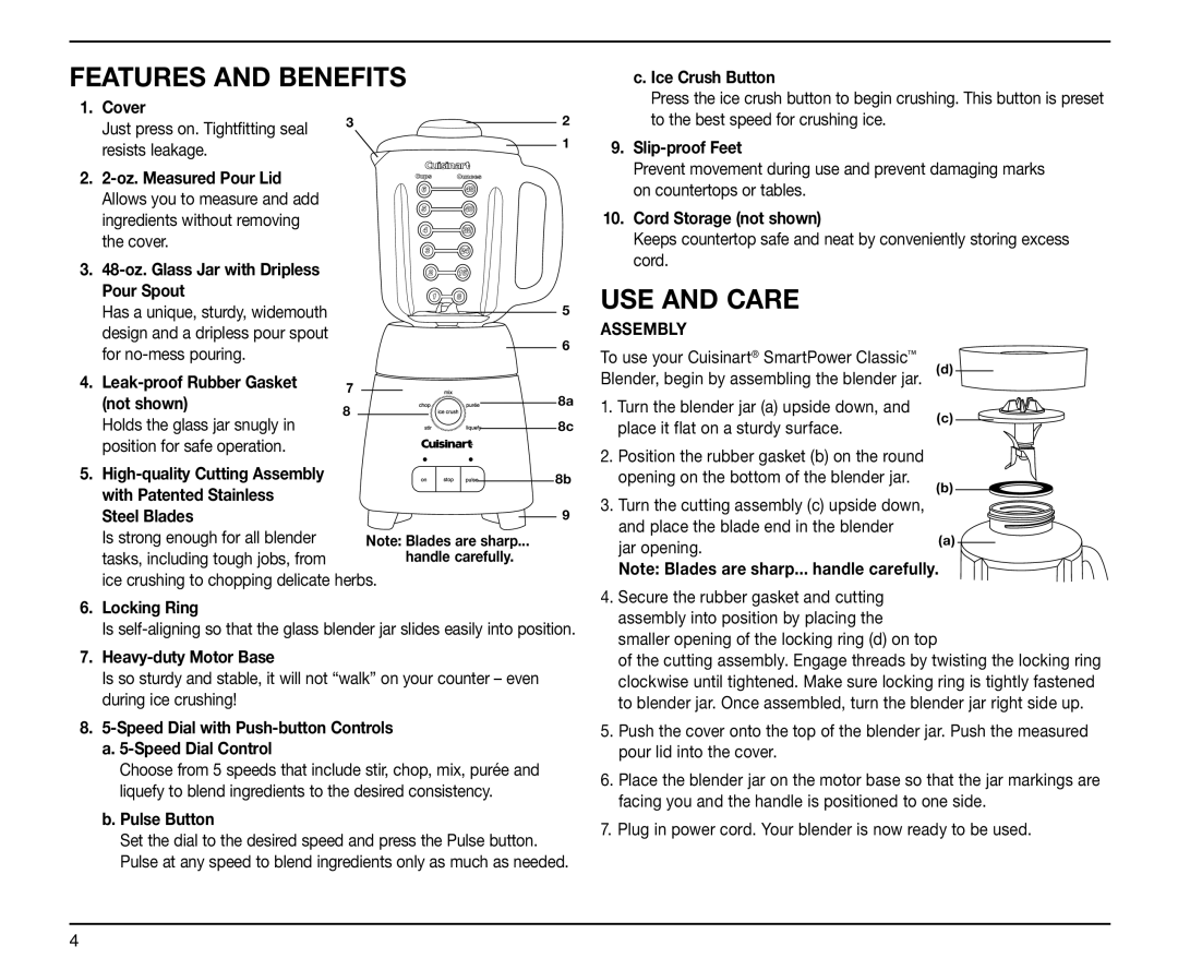 Cuisinart 0511000, SPB-6 Series, IB-5916ATX, 05CU26037 manual Features and Benefits, USE and Care 