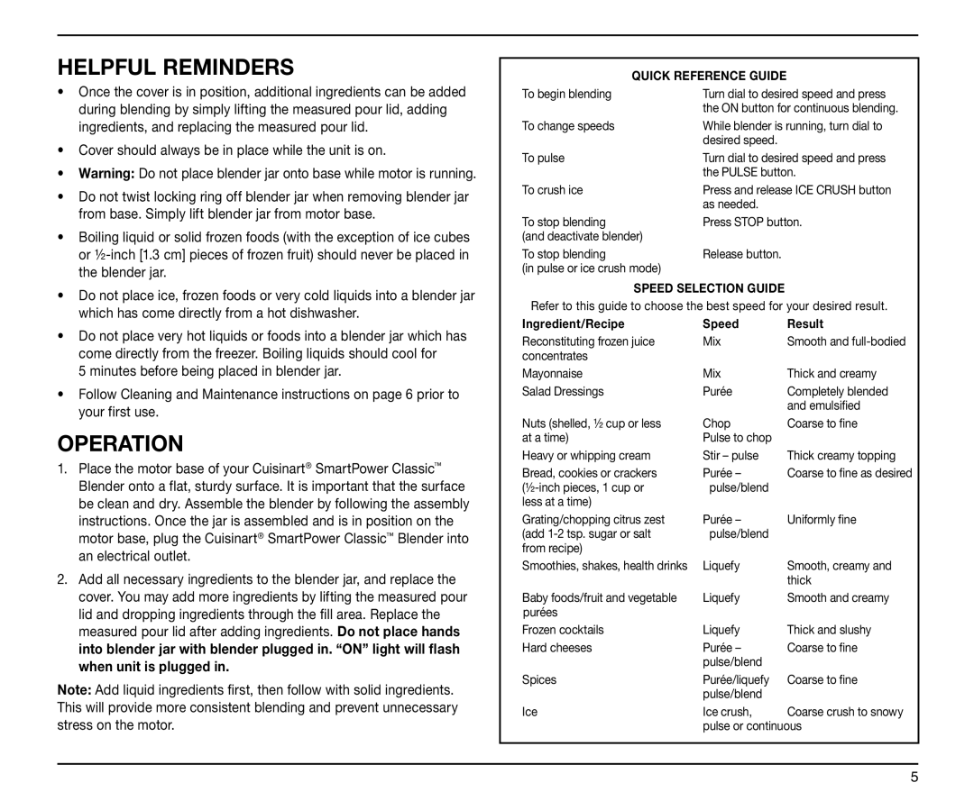 Cuisinart SPB-6 Series, IB-5916ATX, 05CU26037, 0511000 manual Helpful Reminders, Operation 