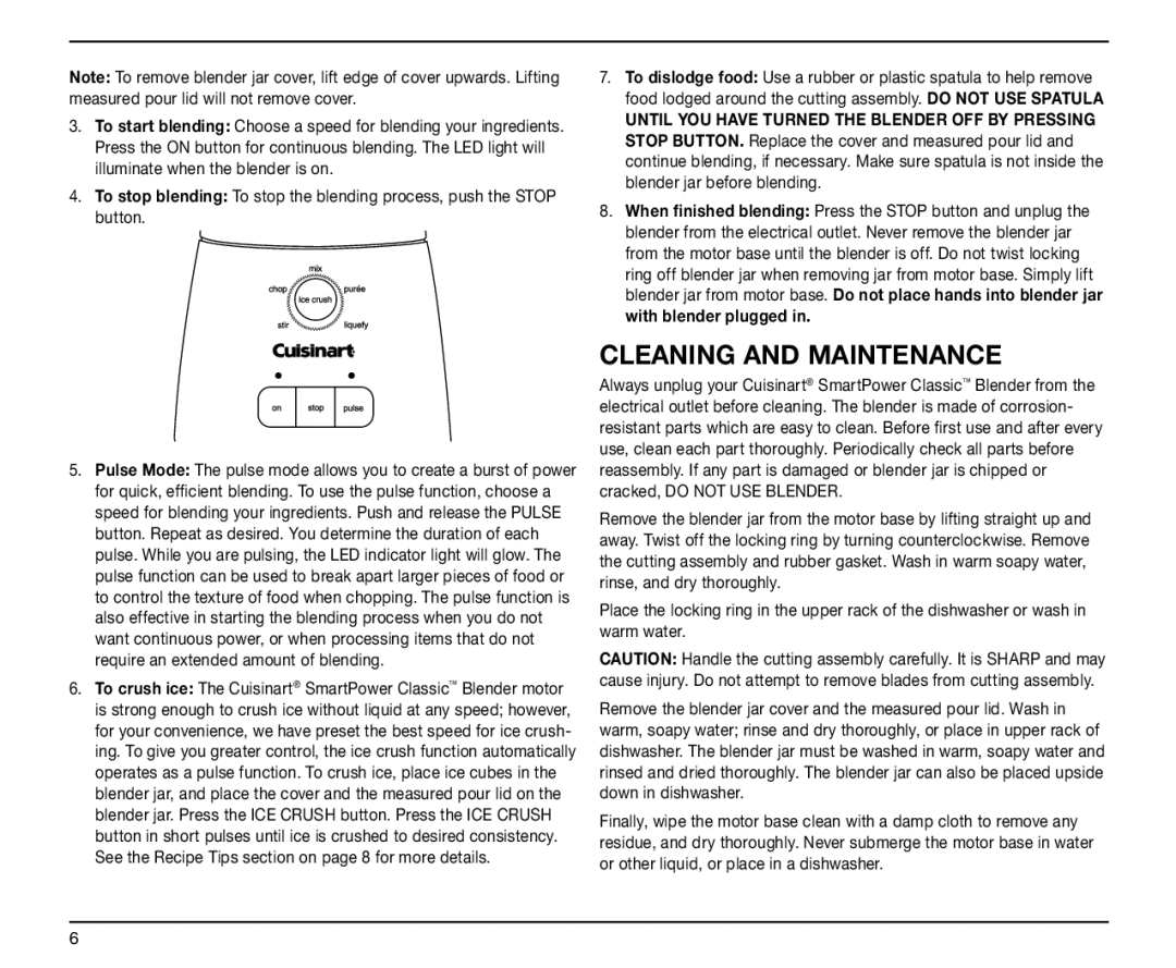 Cuisinart SPB-6 Series, IB-5916ATX, 05CU26037, 0511000 manual Cleaning and Maintenance 