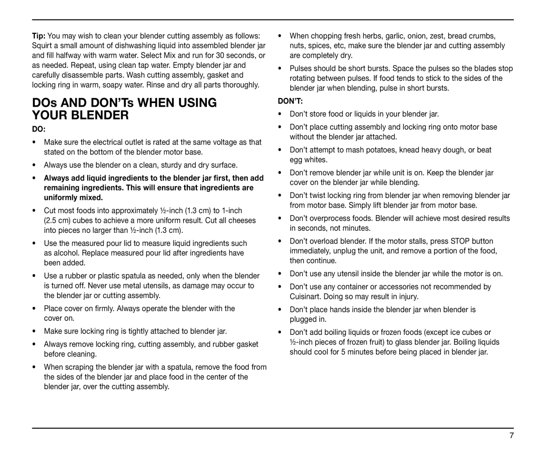 Cuisinart IB-5916ATX, SPB-6 Series, 05CU26037, 0511000 manual DOs and DON’Ts When Using Your Blender 