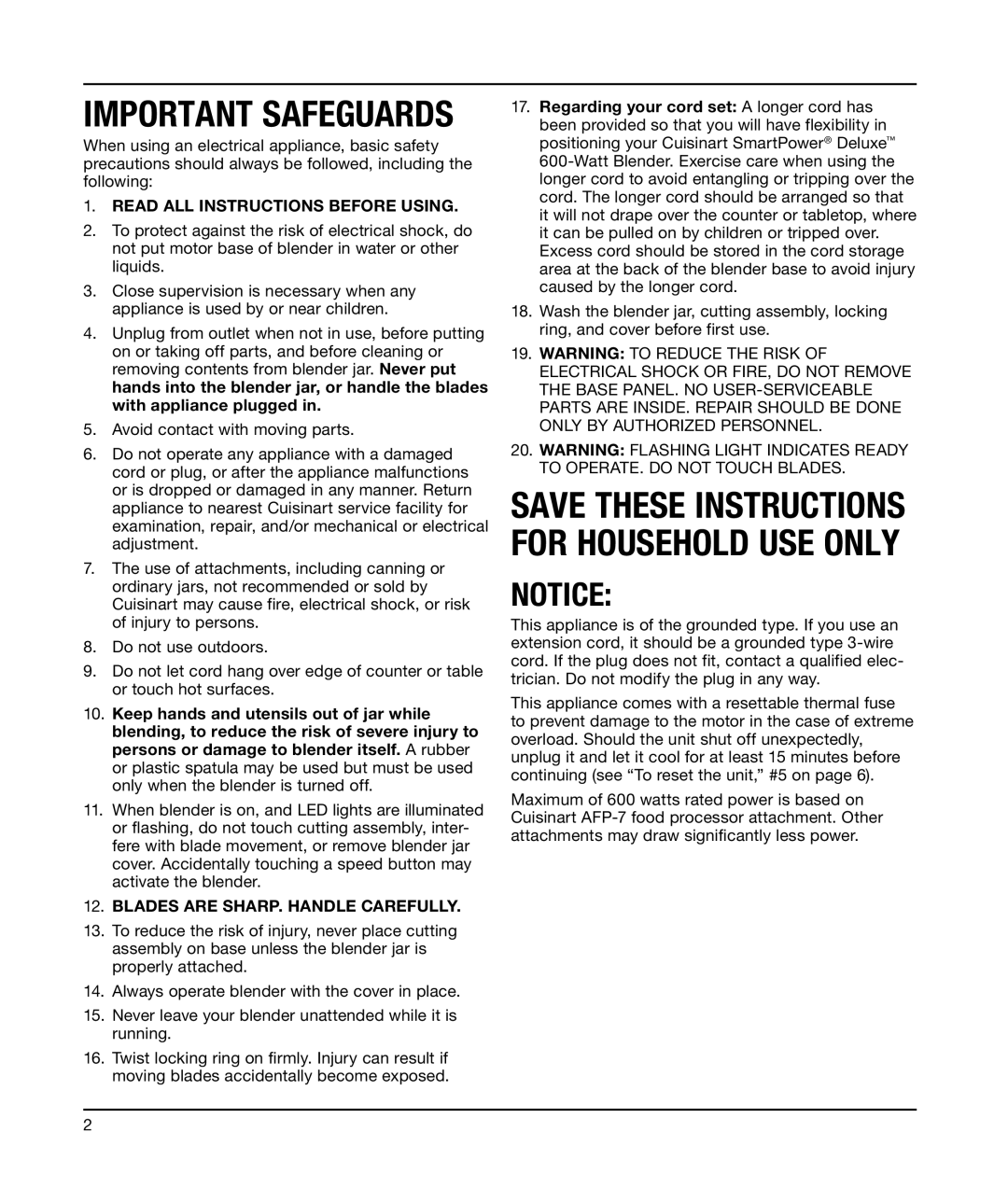 Cuisinart SPB-600 Important Safeguards, Save These Instructions for Household USE only, Read ALL Instructions Before Using 