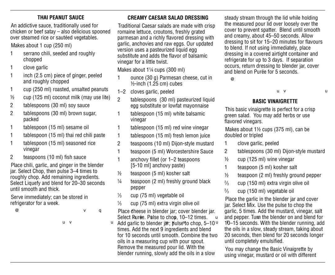 Cuisinart SPB-6C manual Thai Peanut Sauce, Creamy Caesar Salad Dressing, Basic Vinaigrette 