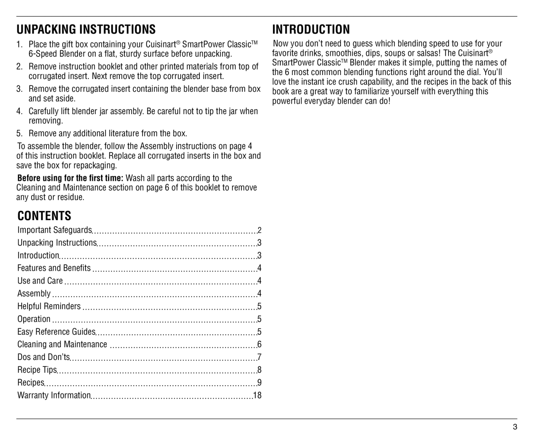 Cuisinart SPB-6C manual Unpacking Instructions, Contents, Introduction 