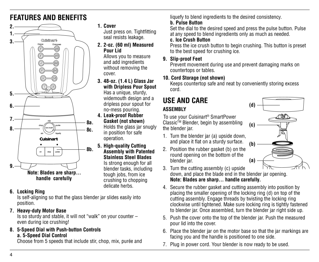 Cuisinart SPB-6C manual USE and Care, Assembly 