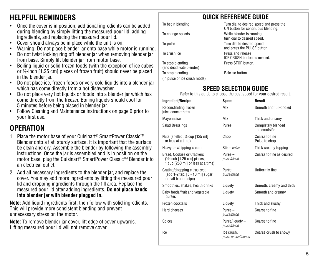 Cuisinart SPB-6C manual Helpful Reminders, Operation 