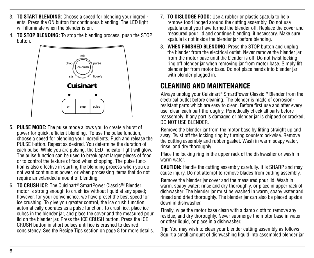 Cuisinart SPB-6C manual Cleaning and Maintenance, Do not USE Blender 