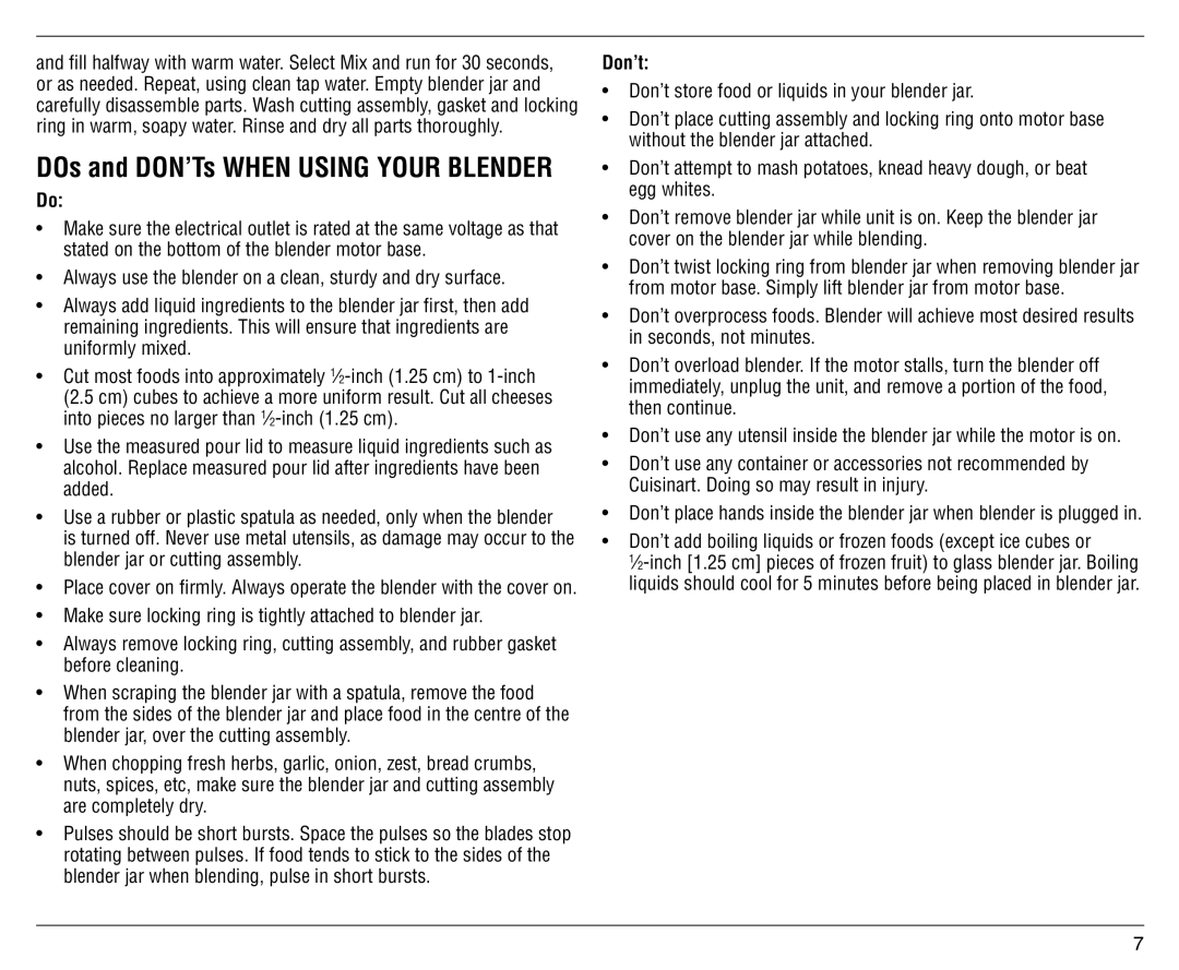 Cuisinart SPB-6C manual DOs and DON’Ts When Using Your Blender 