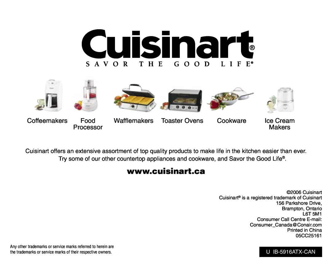 Cuisinart SPB-6C manual Coffeemakers, Wafﬂemakers Toaster Ovens, Cookware, Ice Cream, Processor, Makers, U IB-5916ATX-CAN 