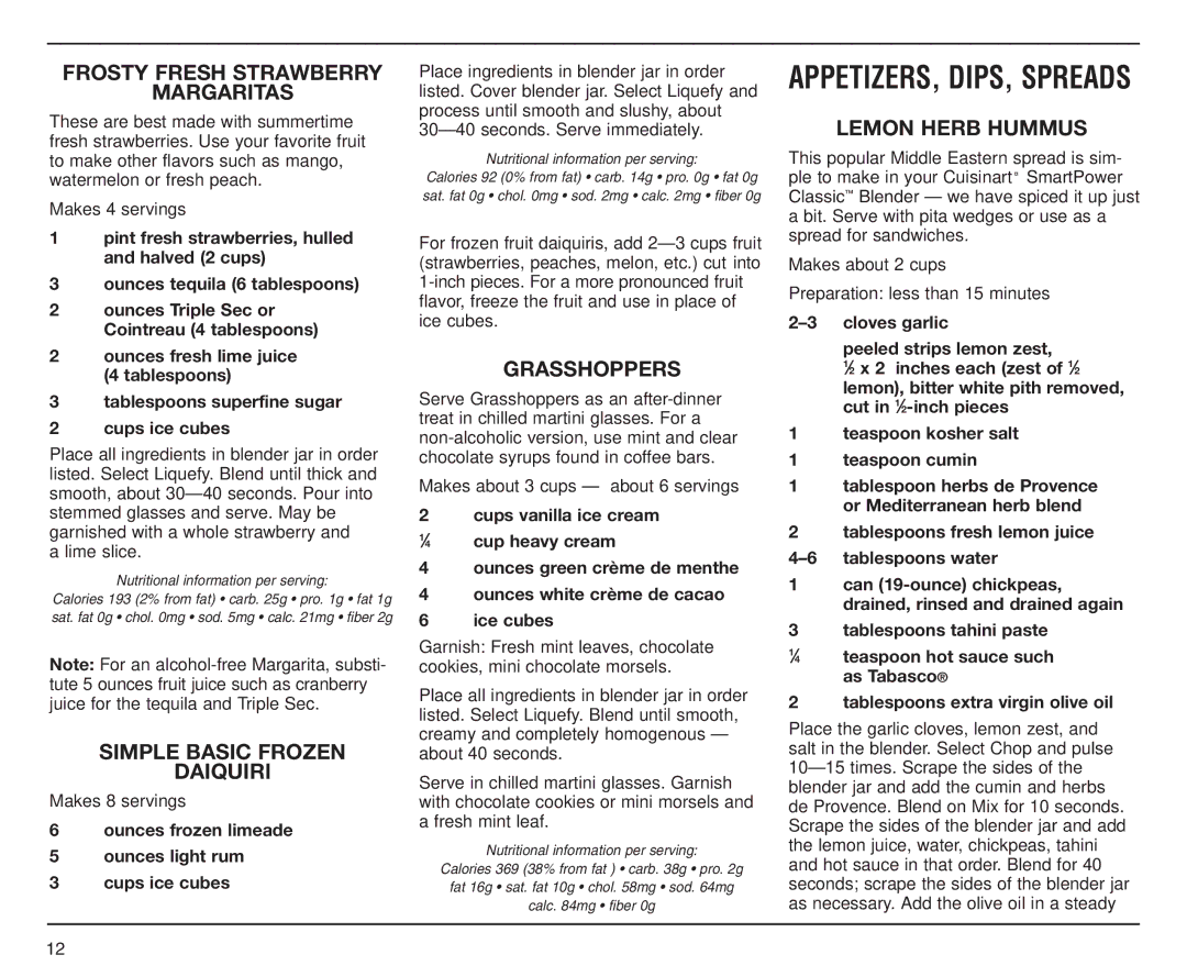 Cuisinart SPB-6SS manual Frosty Fresh Strawberry Margaritas, Simple Basic Frozen Daiquiri, Grasshoppers, Lemon Herb Hummus 