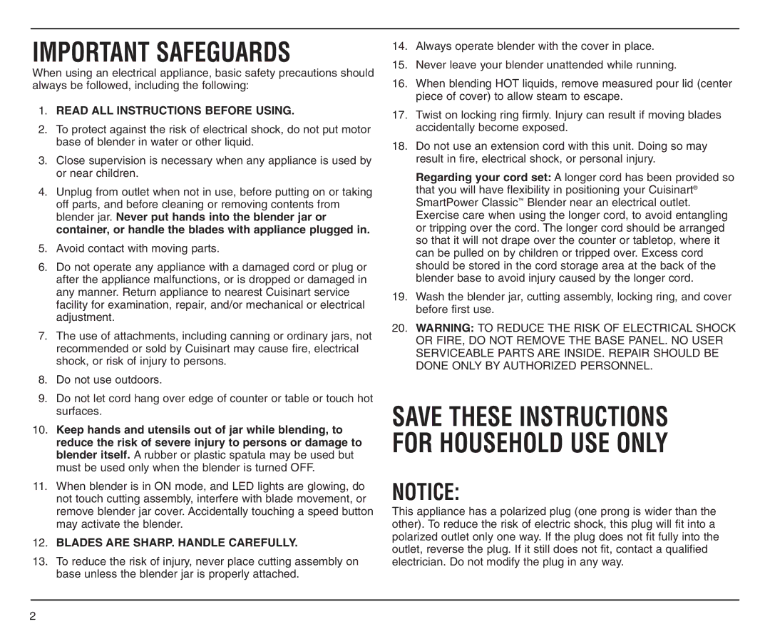 Cuisinart SPB-6SS manual Important Safeguards, Save These Instructions for Household USE only 