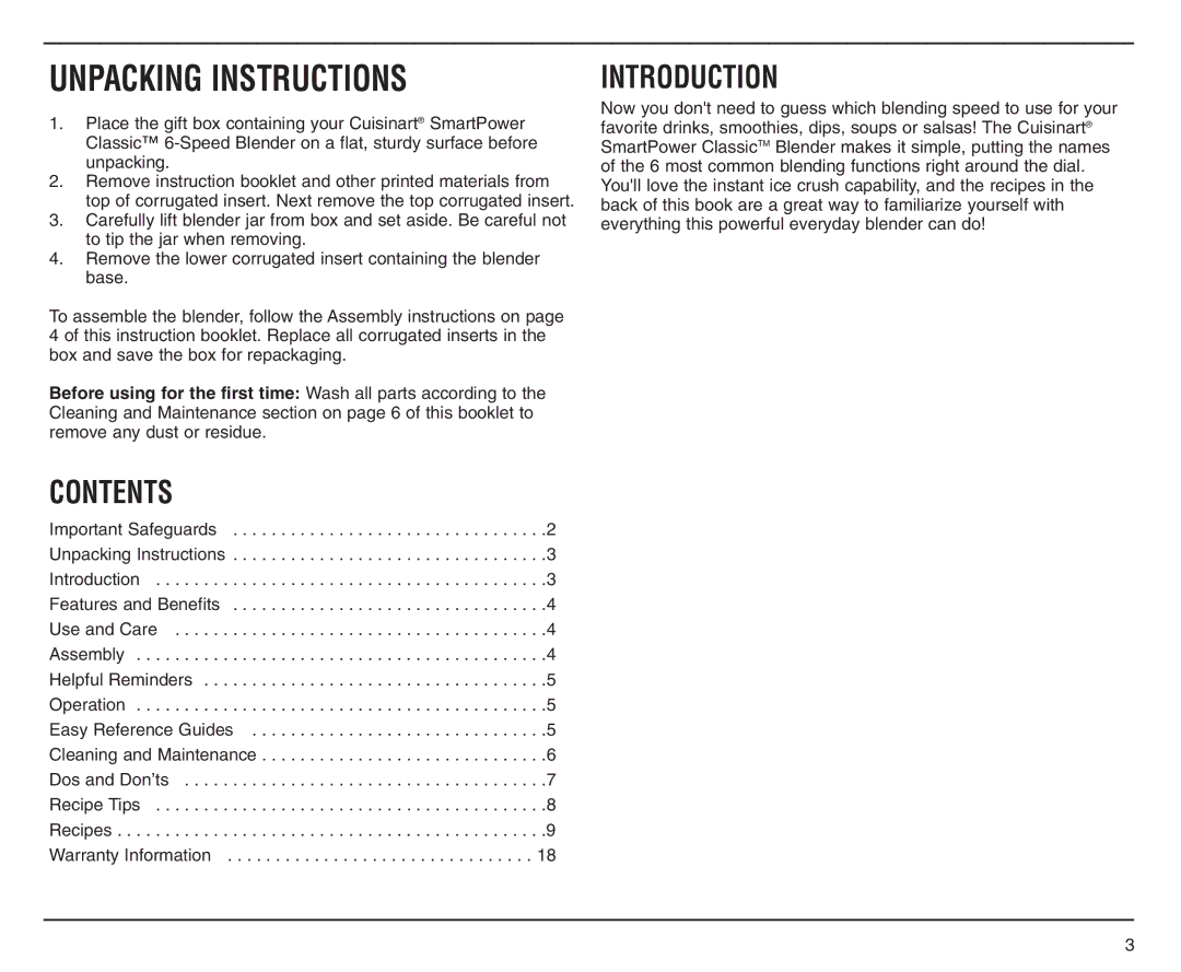 Cuisinart SPB-6SS manual Contents, Introduction 