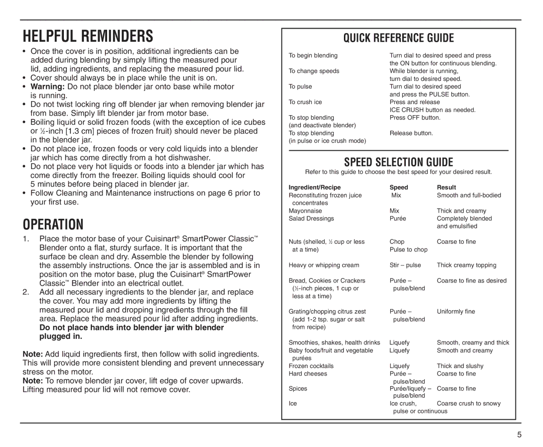 Cuisinart SPB-6SS manual Operation, Quick Reference Guide, Speed Selection Guide 