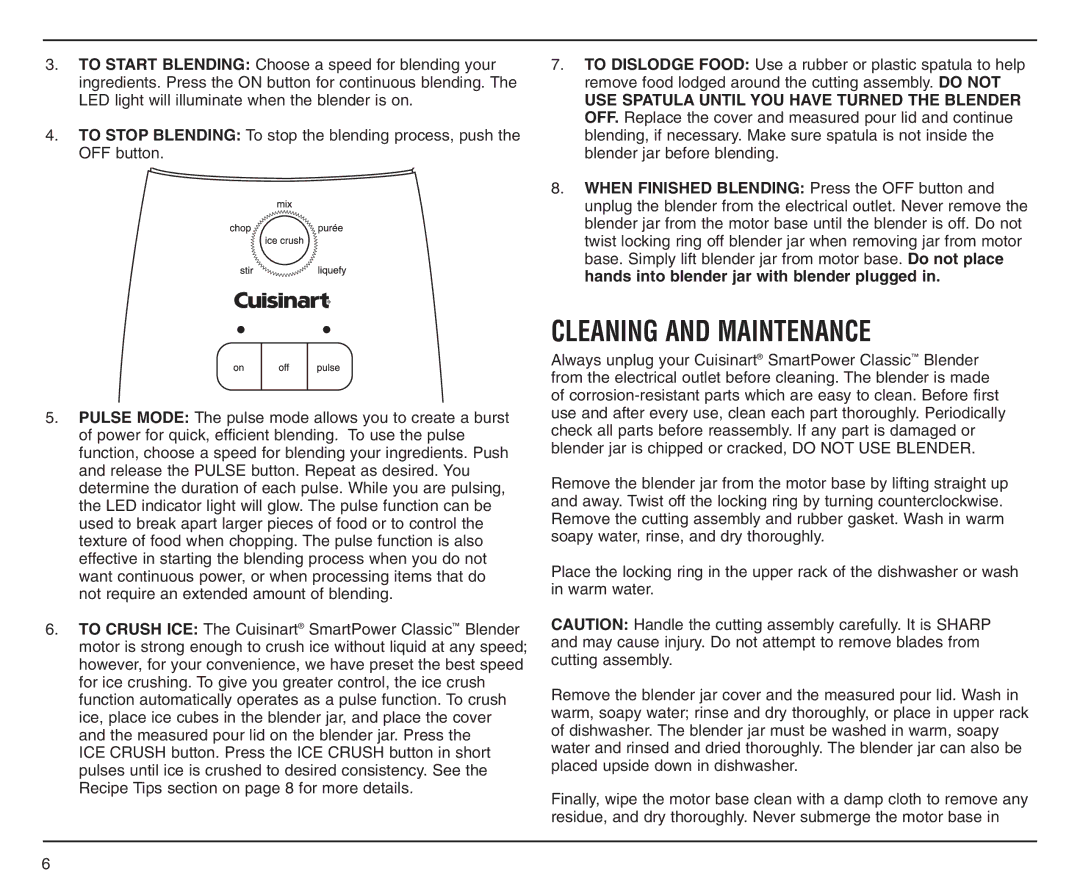 Cuisinart SPB-6SS manual Cleaning and Maintenance 