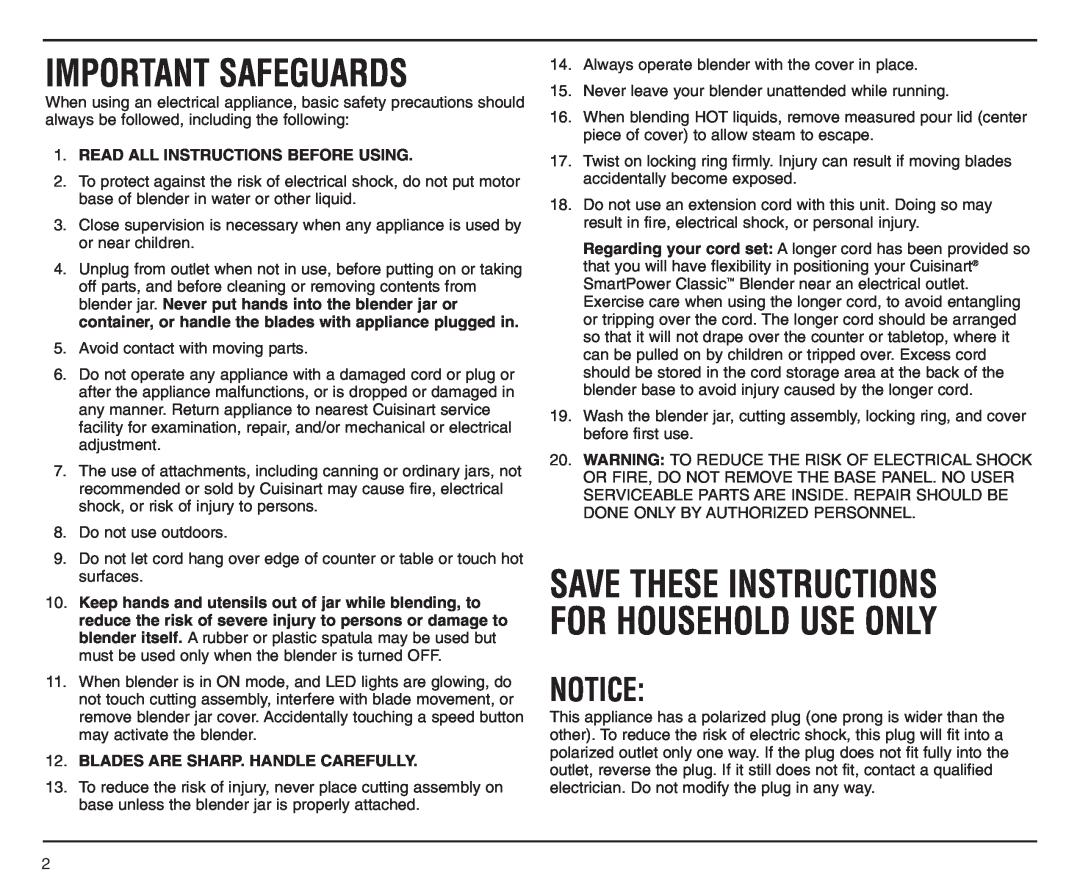 Cuisinart SPB-6SS Save These Instructions For Household Use Only, Important Safeguards, Read All Instructions Before Using 