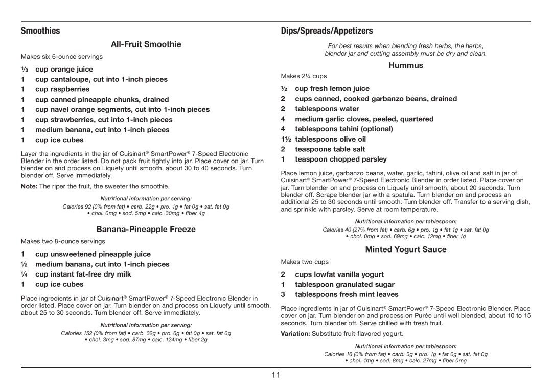 Cuisinart SPB-7 Series manual Smoothies, Dips/Spreads/Appetizers 