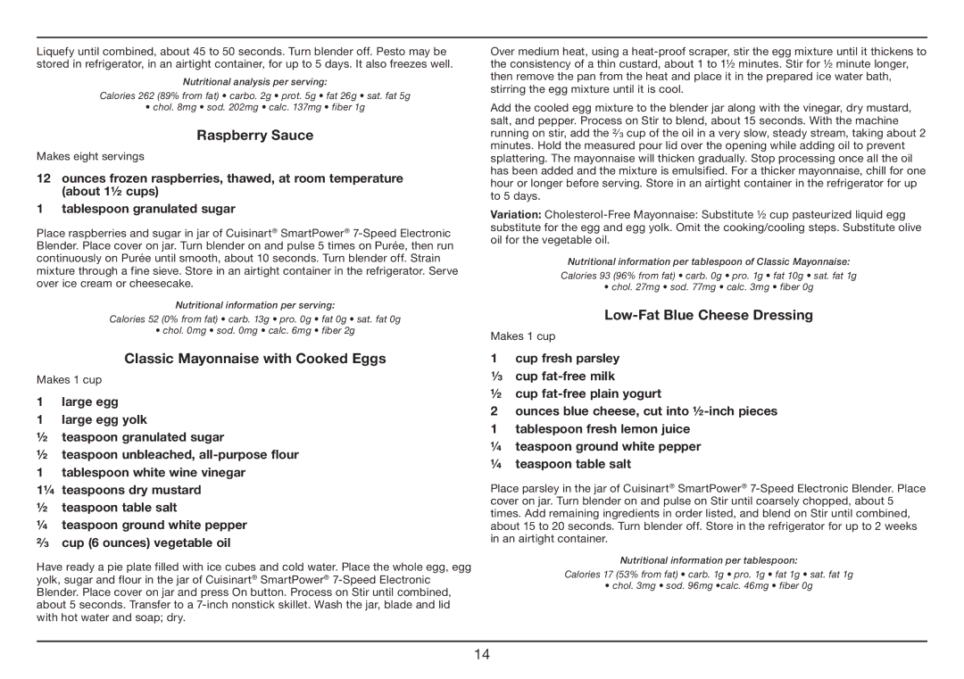 Cuisinart SPB-7 Series manual Raspberry Sauce, Classic Mayonnaise with Cooked Eggs, Low-Fat Blue Cheese Dressing 