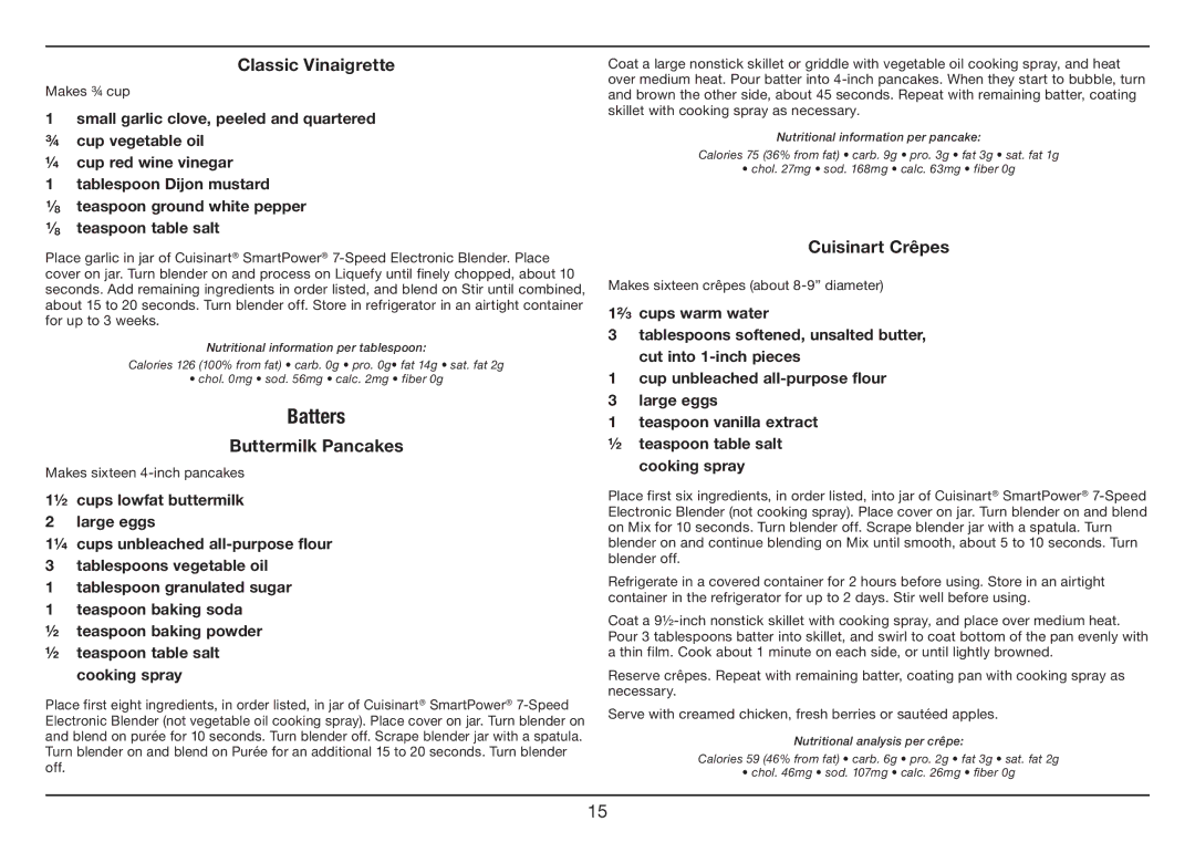 Cuisinart SPB-7 Series manual Batters, Classic Vinaigrette, Buttermilk Pancakes, Cuisinart Crpes 