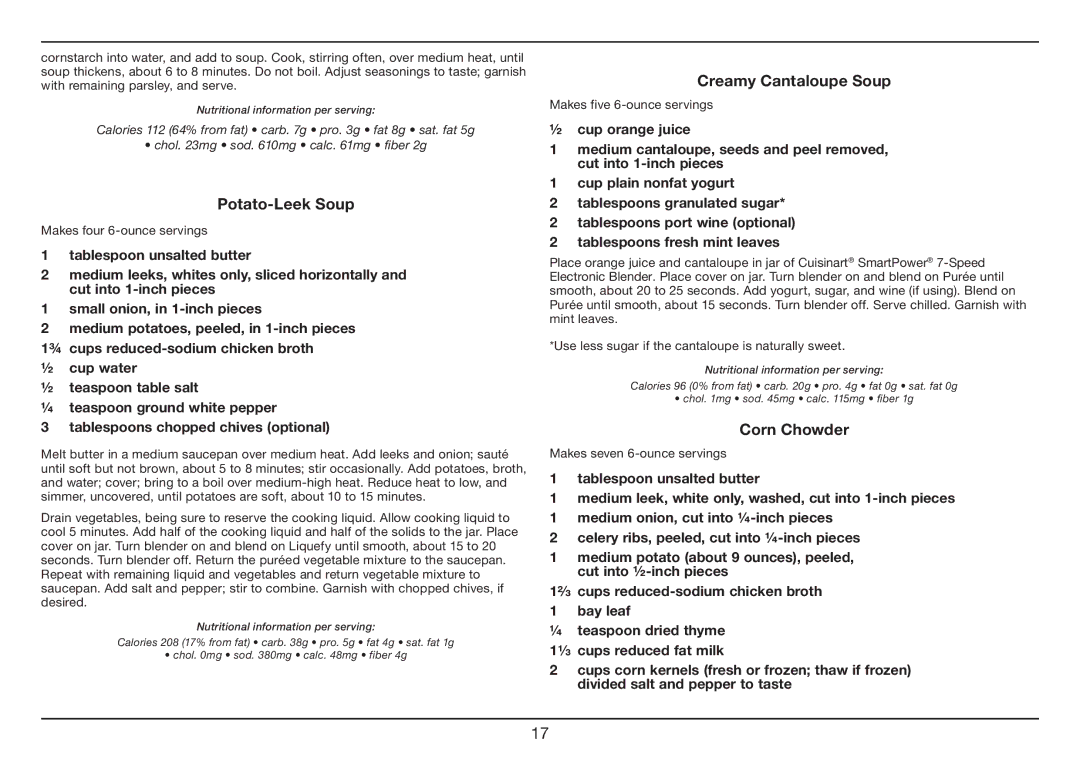 Cuisinart SPB-7 Series manual Potato-Leek Soup, Creamy Cantaloupe Soup, Corn Chowder 