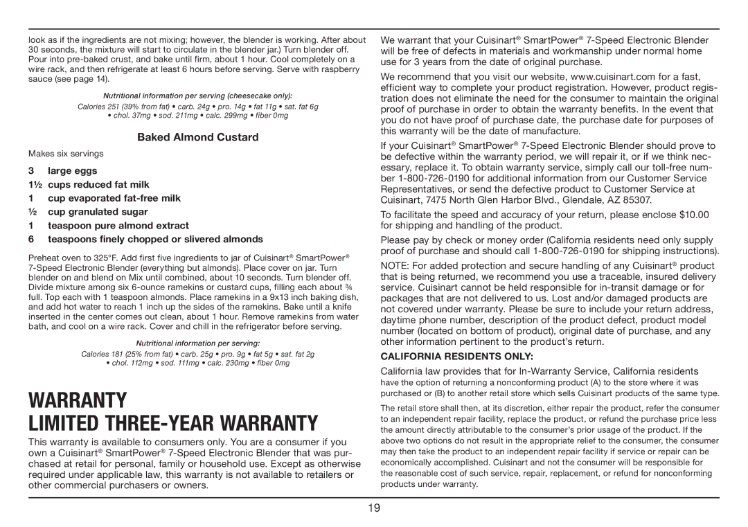 Cuisinart SPB-7 Series manual Baked Almond Custard, Nutritional information per serving cheesecake only 