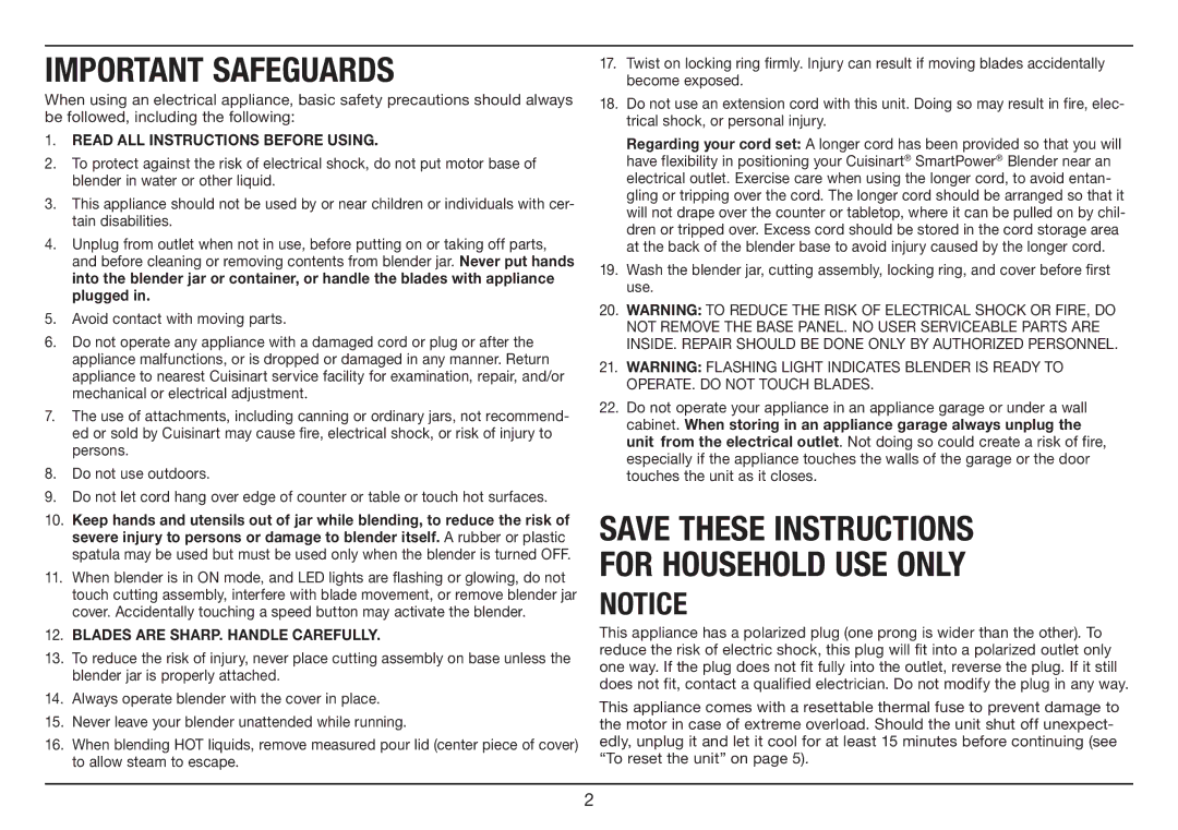 Cuisinart SPB-7 Series manual Important Safeguards 