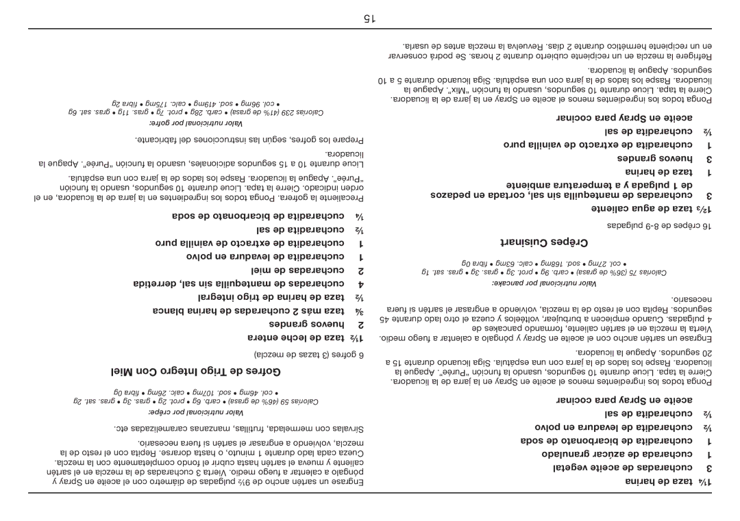 Cuisinart SPB-7 Series manual Miel Con Integro Trigo de Gofres, Cuisinart Crpes 