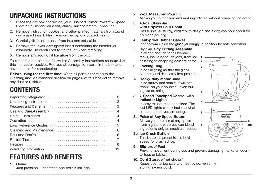 Cuisinart SPB-7 Series manual Unpacking Instructions 