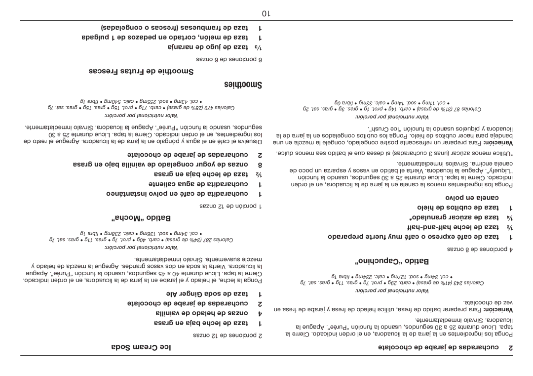 Cuisinart SPB-7 Series manual Frescas Frutas de Smoothie, ÒMochaÓ Batido, Soda Cream Ice, ÒCapuchinoÓ Batido 