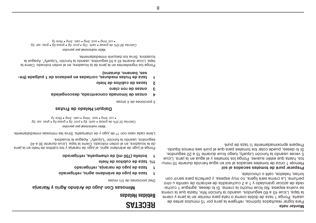 Cuisinart SPB-7 Series manual Frutas de Helado Daiquiri, Naranja y Agrio Ar‡ndo de Jugo Con Mimosas 