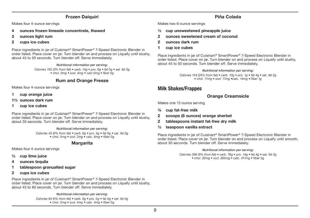 Cuisinart SPB-7 Series manual Milk Shakes/Frappes 