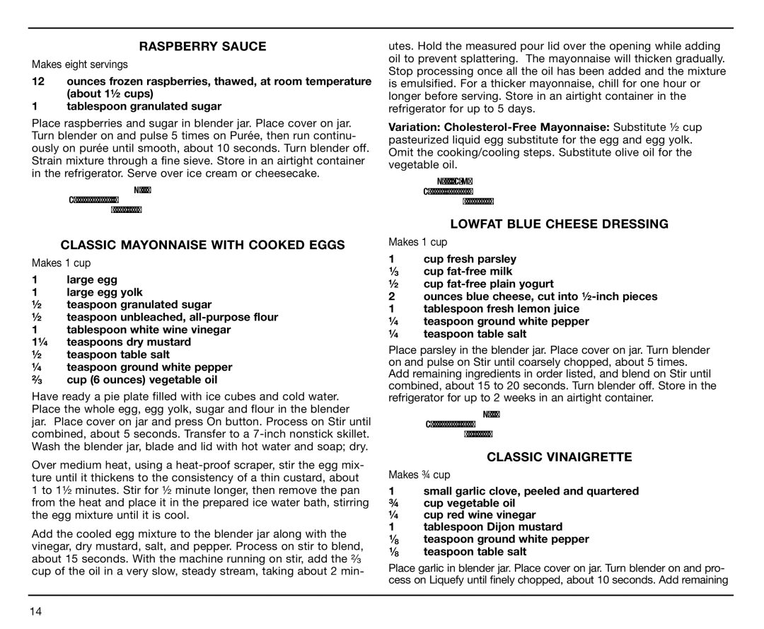 Cuisinart SPB-7 Series manual Raspberry Sauce, Classic Mayonnaise with Cooked Eggs, LowFat Blue Cheese Dressing 
