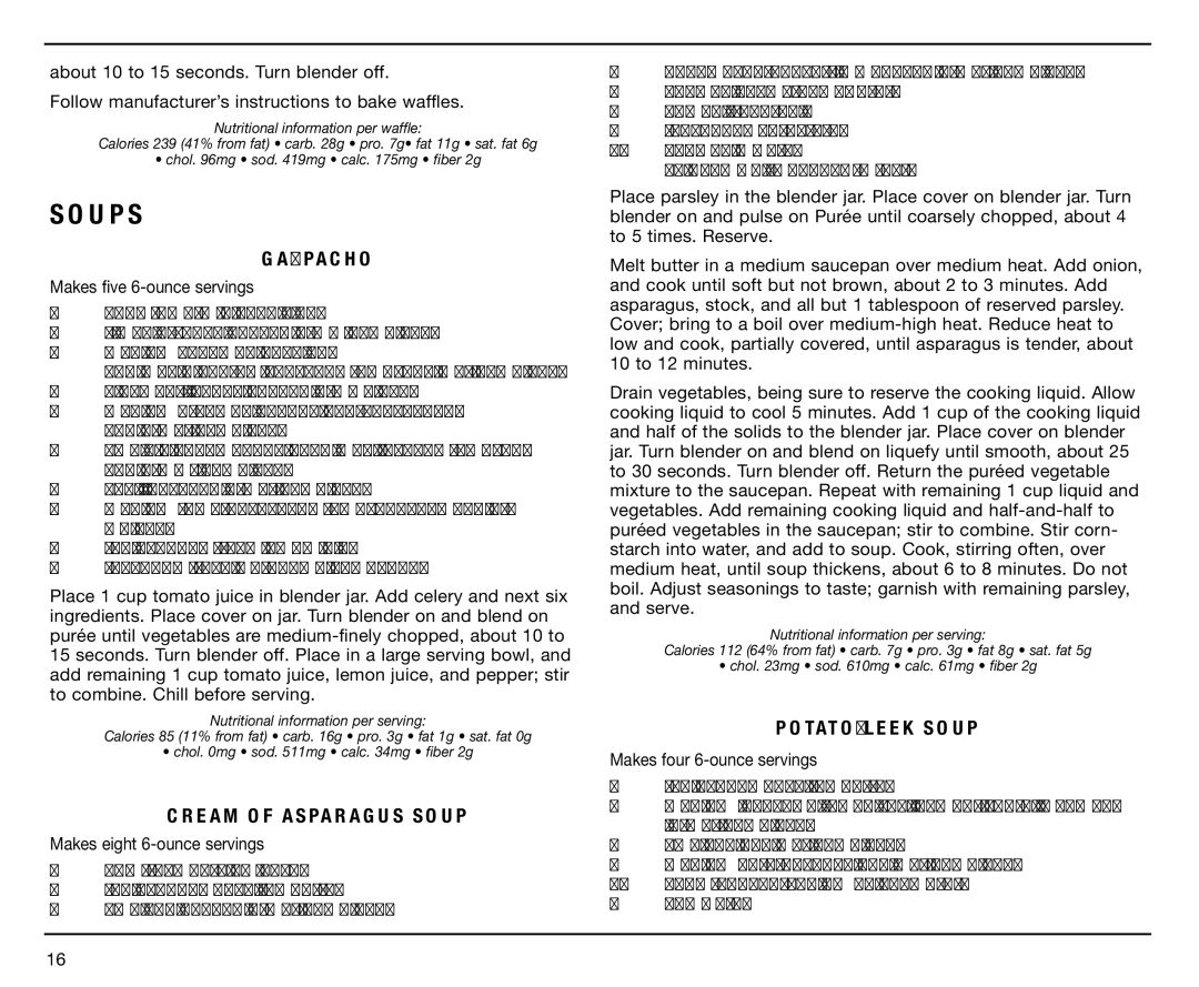 Cuisinart SPB-7 Series manual Soups, Gazpacho, Cream of Asparagus Soup, Potato-Leek Soup 