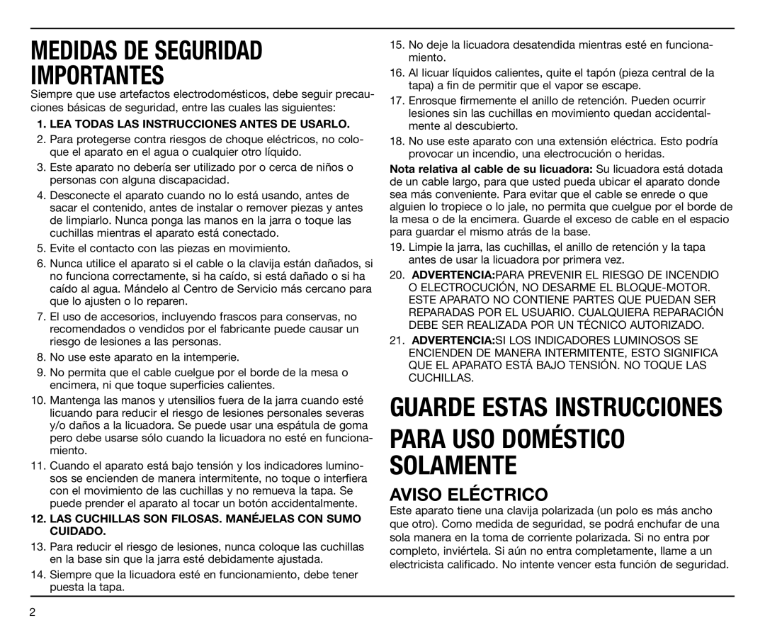 Cuisinart SPB-7 Series manual Importantes, Aviso Eléctrico 