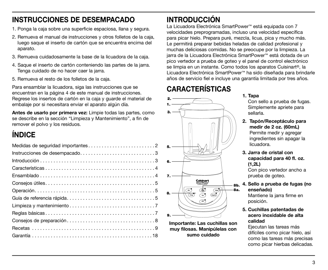 Cuisinart SPB-7 Series manual Introducción, Características, Índice 