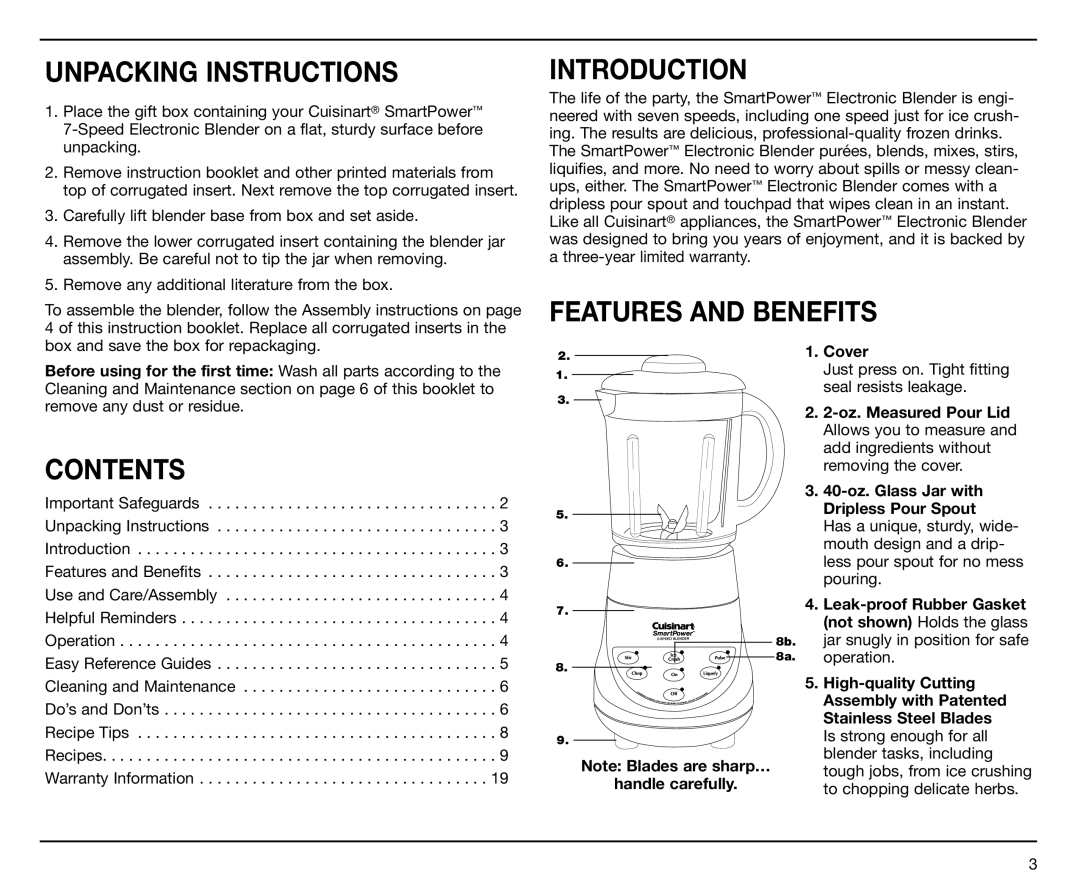 Cuisinart SPB-7 Series manual Unpacking Instructions, Contents, Introduction, Features and Benefits 