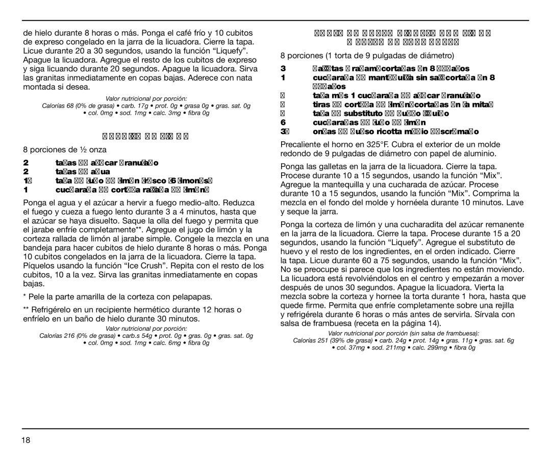 Cuisinart SPB-7 Series manual Granita DE Limón, Torta DE Queso Ricotta CON Limón Salsa DE Frambuesa 