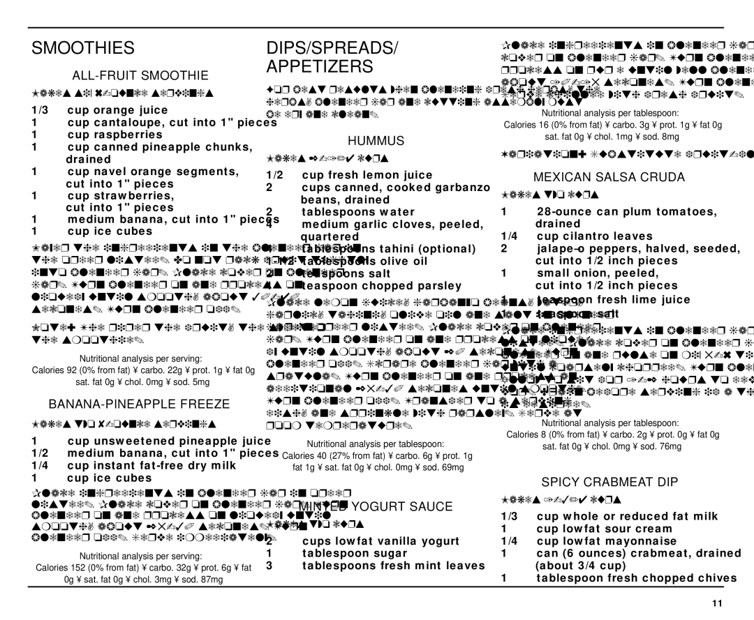 Cuisinart SPB-7 manual Smoothies, DIPS/SPREADS Appetizers 