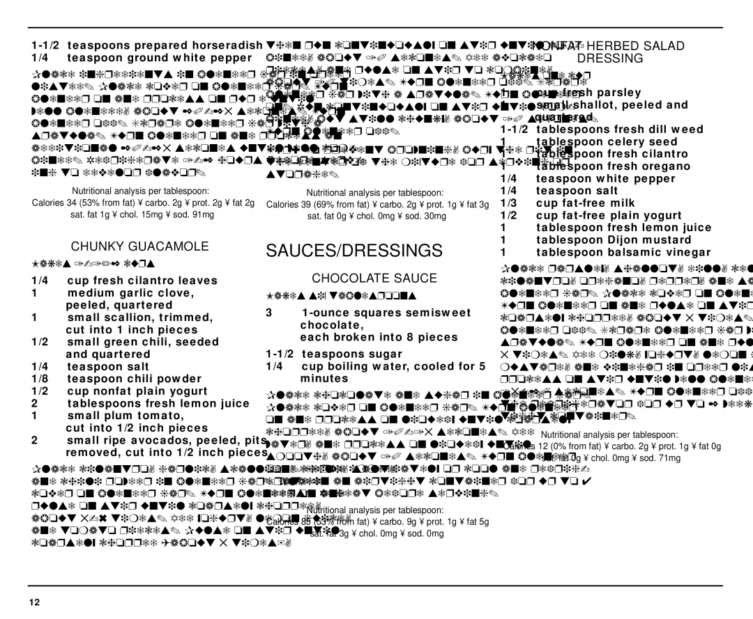 Cuisinart SPB-7 manual Sauces/Dressings, Nonfat Herbed Salad Dressing, Chunky Guacamole, Chocolate Sauce 